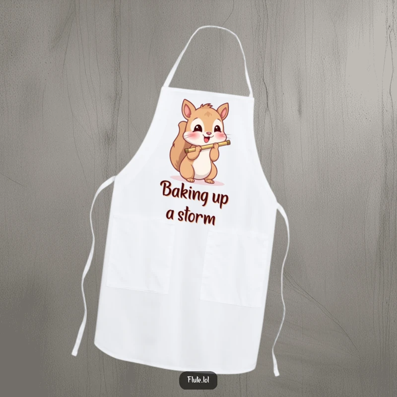 Funny, playful squirrel playing a flute in the kitchen, adding musical cheer to this delightful apron.