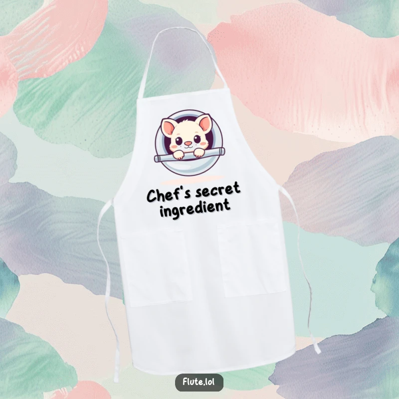 Funny apron showing a small, curious animal peeking out from a large, shiny flute, adding a touch of kitchen humor.