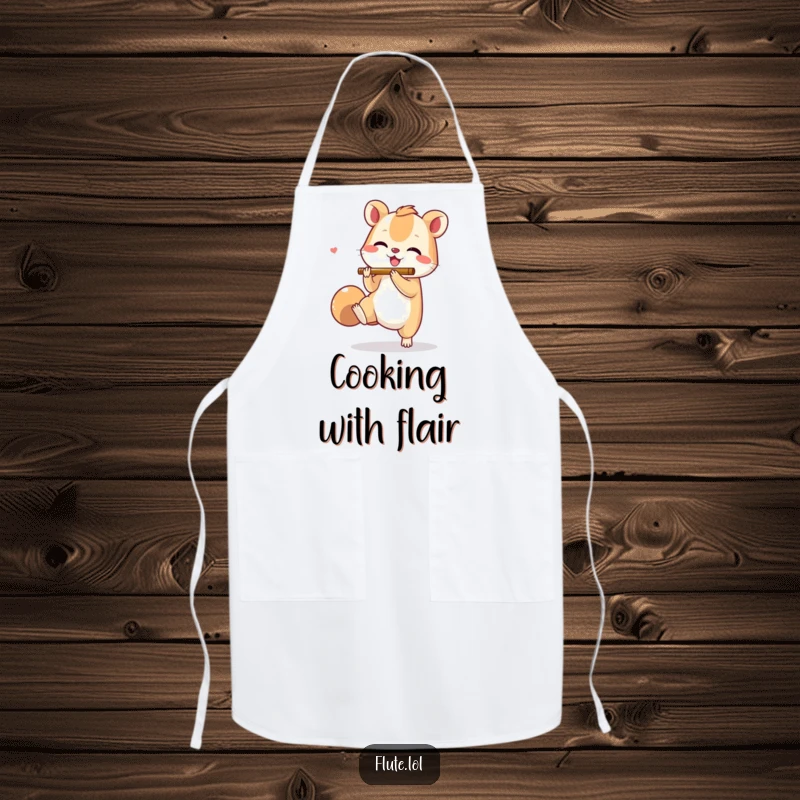 Funny apron showing a small animal joyfully tapping its foot while miming flute playing, bringing rhythmic cheer to the kitchen.
