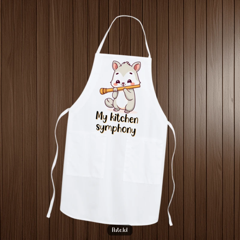 Funny apron showing a happy animal with a cheerful expression playing a long flute, bringing musical cheer to the kitchen.