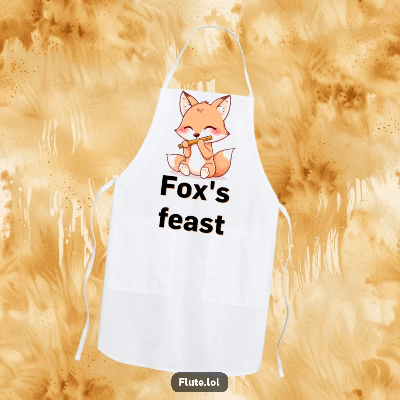 Funny apron decorated with a happy fox playing a flute using all four paws, ideal for kitchen use.