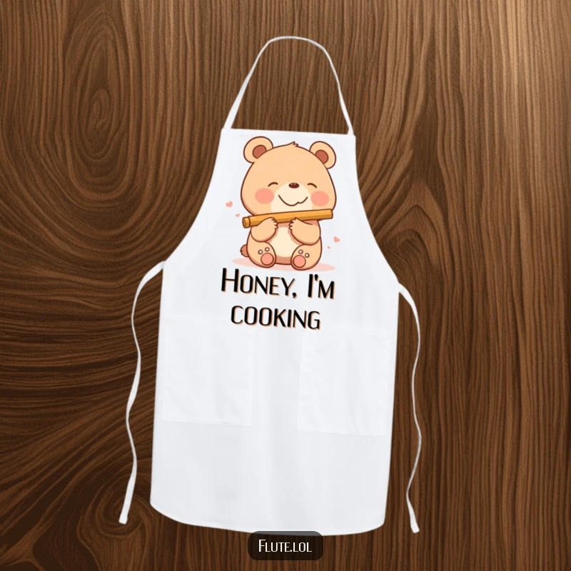 Funny, smiling bear playing a flute in the kitchen, adding musical cheer to this delightful apron.