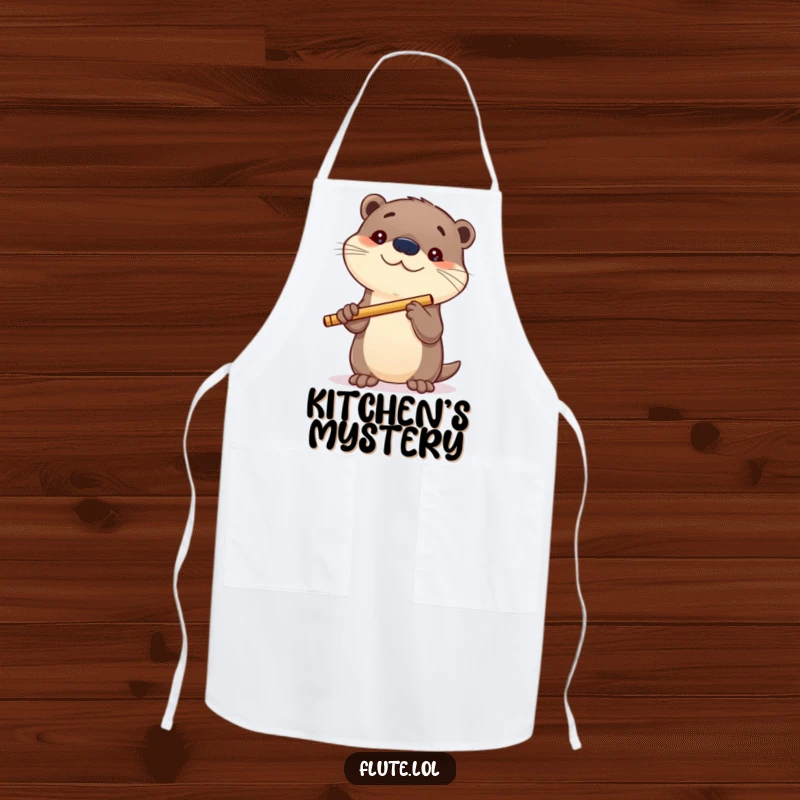 Funny apron decorated with a curious otter holding a flute, ideal for kitchen use and playful exploration.