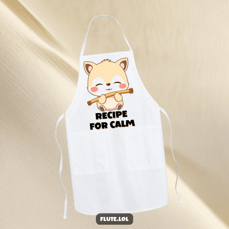 Funny apron showing a serene animal with closed eyes, gently blowing into a flute, bringing a sense of calm to the kitchen.