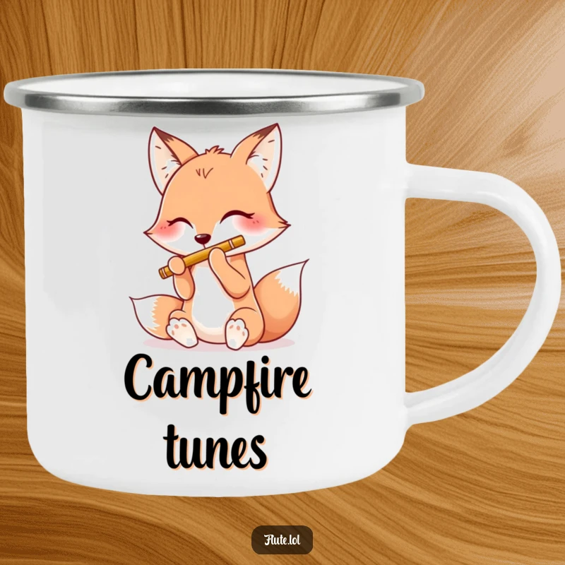 Funny camping mug featuring a happy fox playing a flute with all four paws, ideal for outdoor enthusiasts.