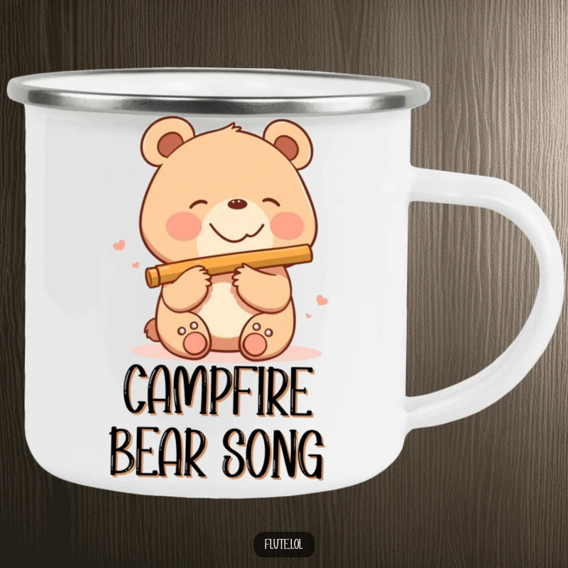 Funny, smiling bear playing a flute, ideal for enjoying drinks outdoors on this durable funny camping mug.