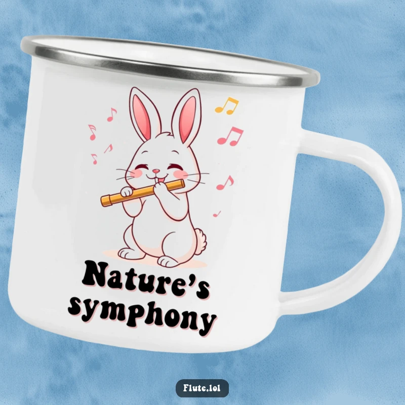 Funny camping mug featuring a rabbit playing a flute with musical notes, ideal for outdoor enthusiasts.