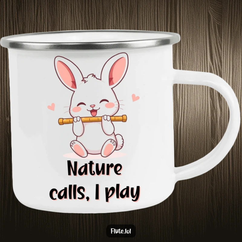 Funny, joyful rabbit playing a flute, ideal for enjoying drinks outdoors on this durable funny camping mug.