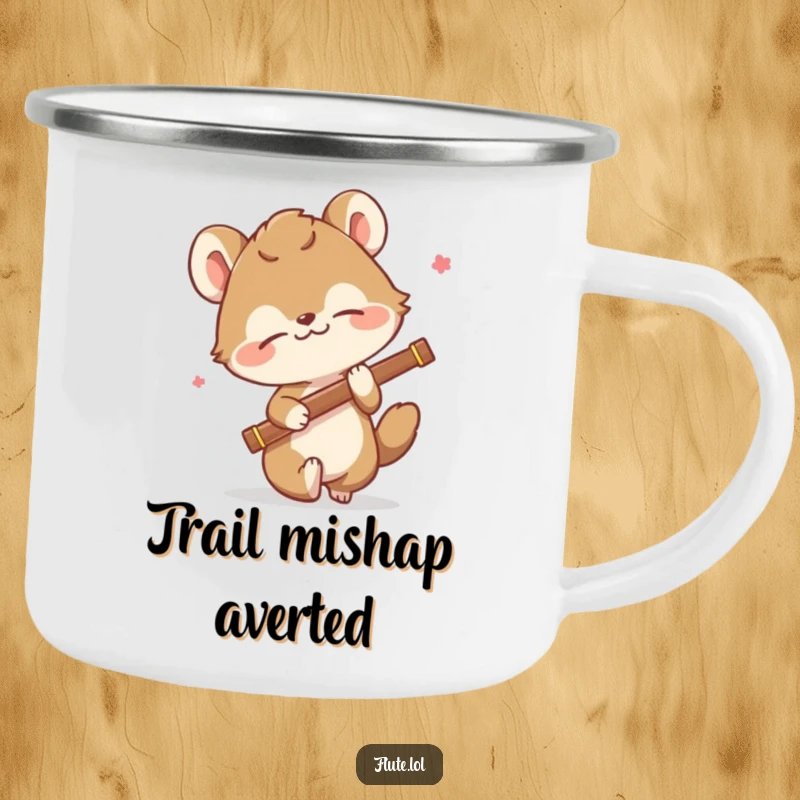 Funny camping mug showing a comically tripping animal with a flute, ready for musical adventures and unexpected tumbles.