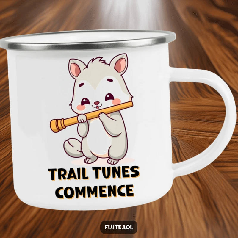 Funny camping mug showing a happy animal with a cheerful expression playing a long flute, ready for musical adventures.