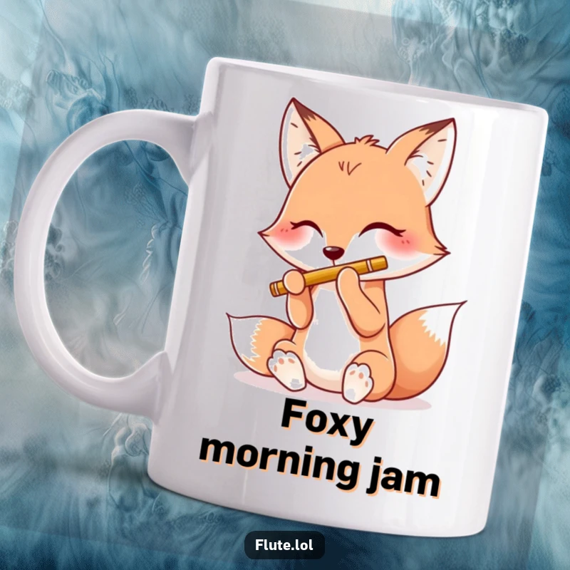 Funny mug featuring a happy fox enthusiastically playing a flute using all four of its paws, a charming sight.