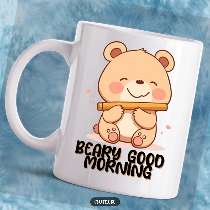 Funny smiling bear making music on a flute with a genuinely happy expression, spreading cheer on this mug.