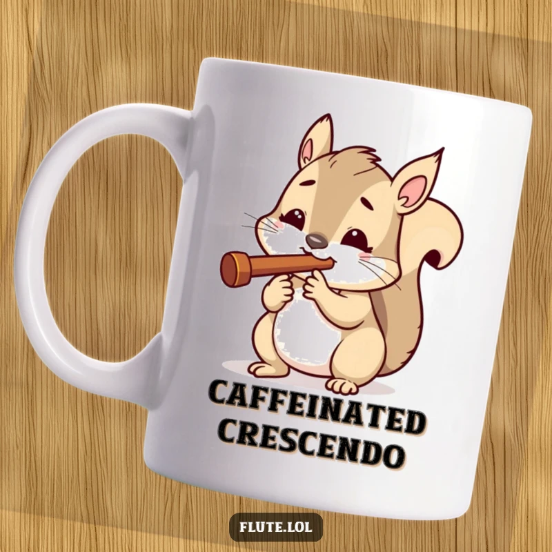 Funny mug showing an excited squirrel intensely blowing a tiny flute with a determined expression, focused on its music.
