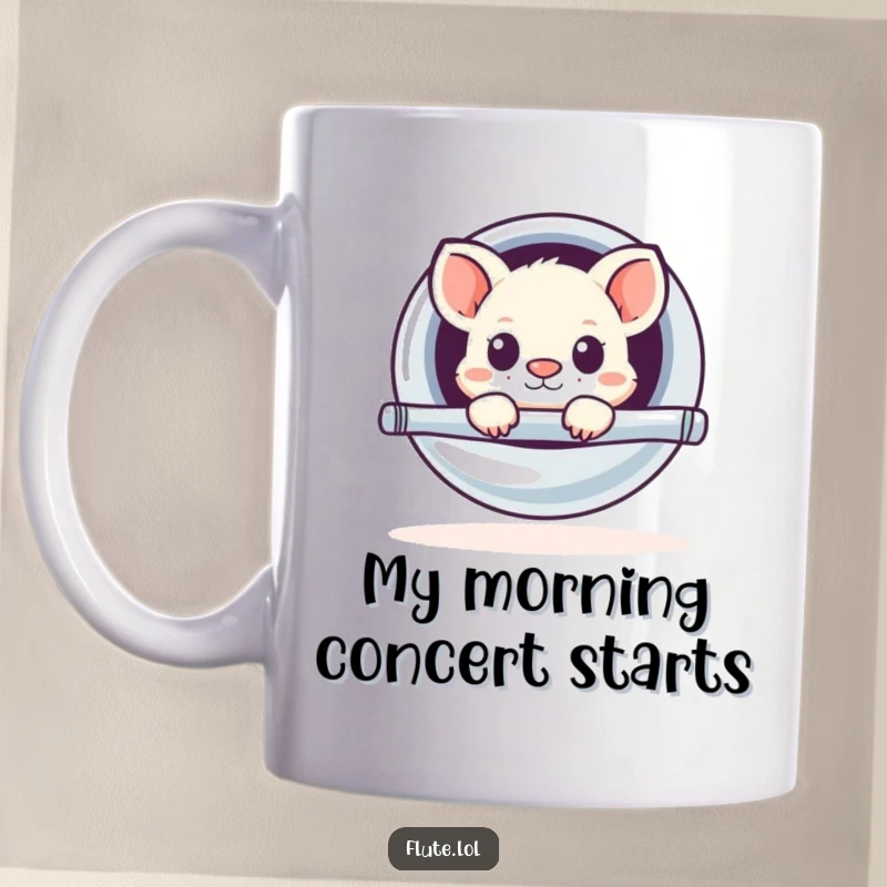 Funny mug with a tiny, curious animal peeking out of a gleaming, oversized flute, showcasing a humorous surprise.