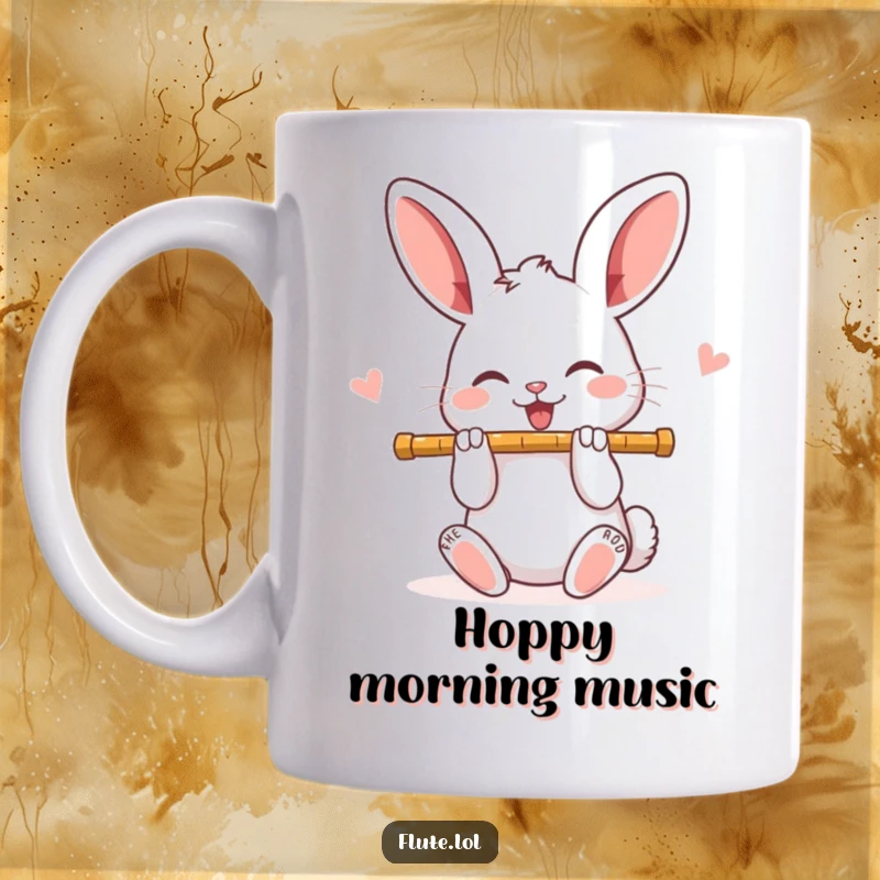 Funny, joyful rabbit playing a flute with bright, happy eyes, spreading musical cheer on this mug.