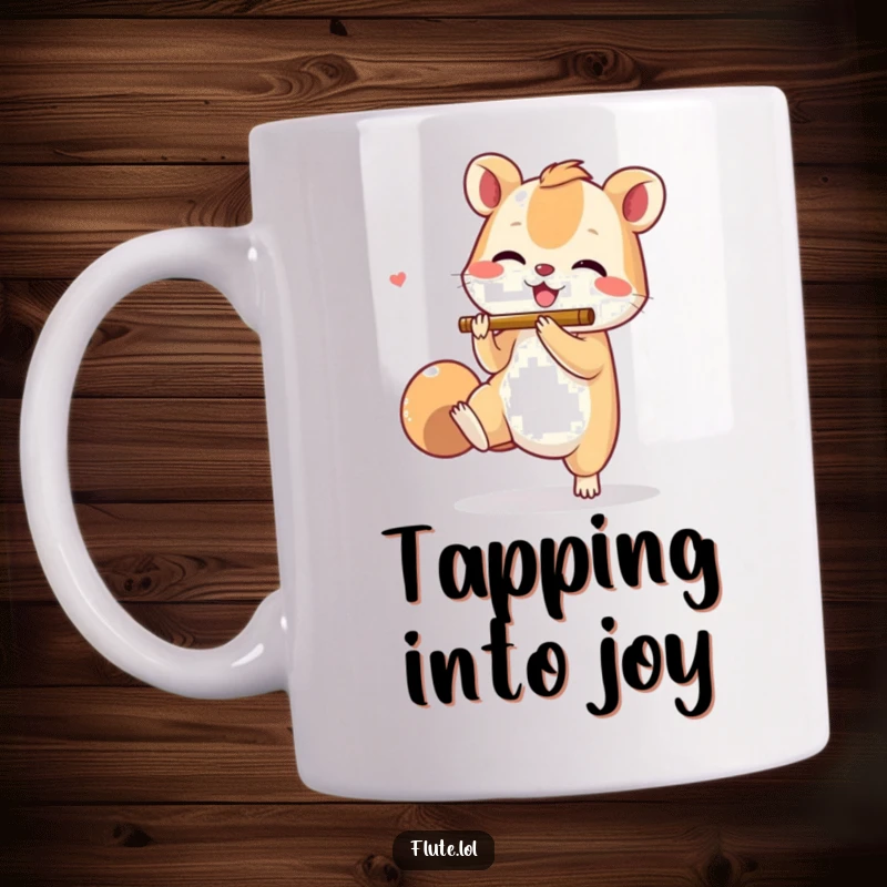 Funny mug depicting a small animal joyfully tapping its foot while enthusiastically miming flute playing, full of life.