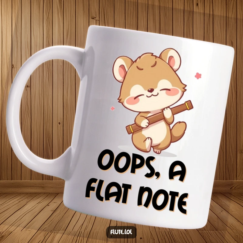 Funny mug depicting an animal comically tripping over its own feet while attempting to hold a flute, full of chaos.