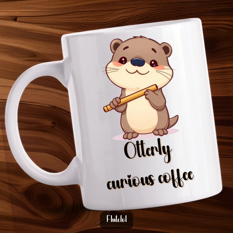 Funny mug showing a playful otter curiously holding a flute, with an inquisitive expression, ready for musical exploration.