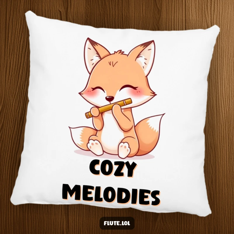 Funny pillow featuring a happy fox playing a flute with all four paws, adding comfort and cheer to any space.
