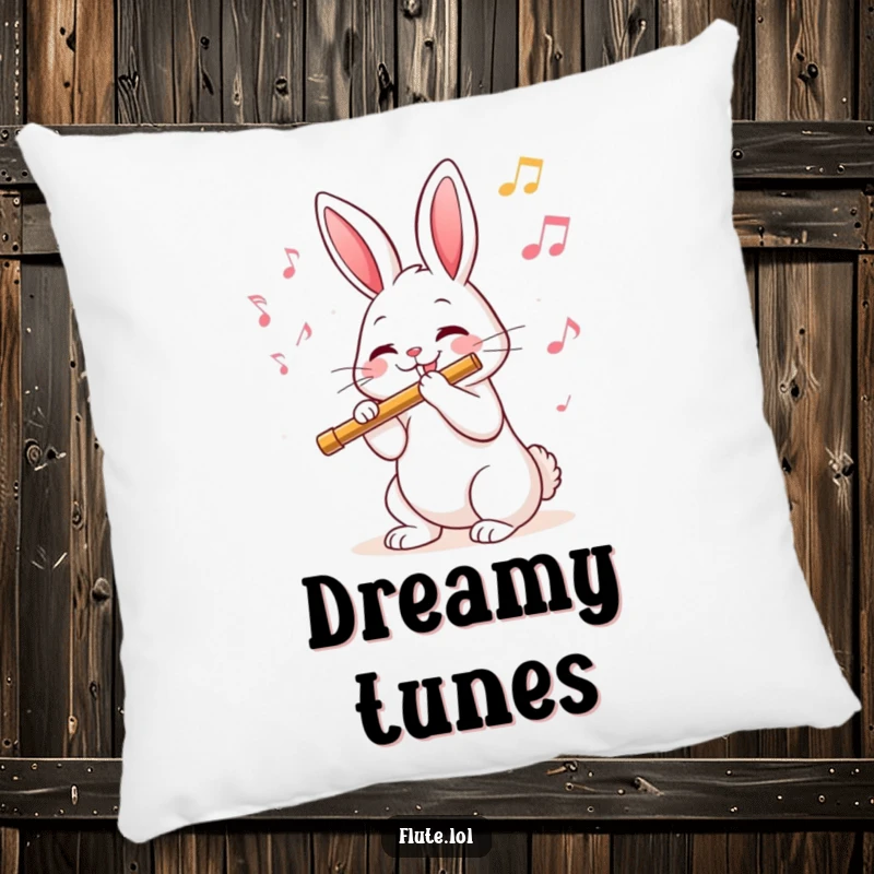 Funny pillow featuring a happy rabbit playing a flute, surrounded by musical notes, adding a touch of charm.