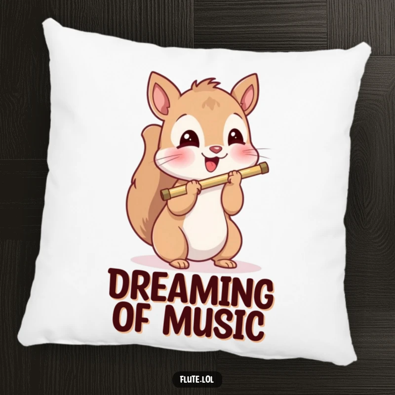 Funny playful squirrel delightedly holding a flute, a cozy and musical addition to any pillow collection.