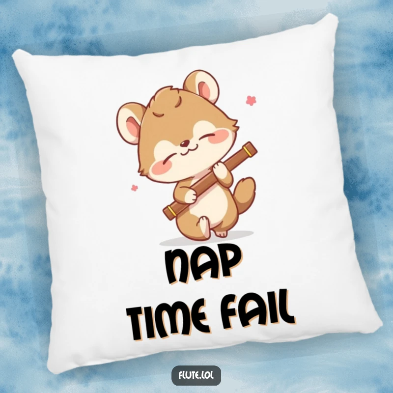 Funny pillow depicting a comically tripping animal with a flute, offering soft, humorous comfort from life's stumbles.