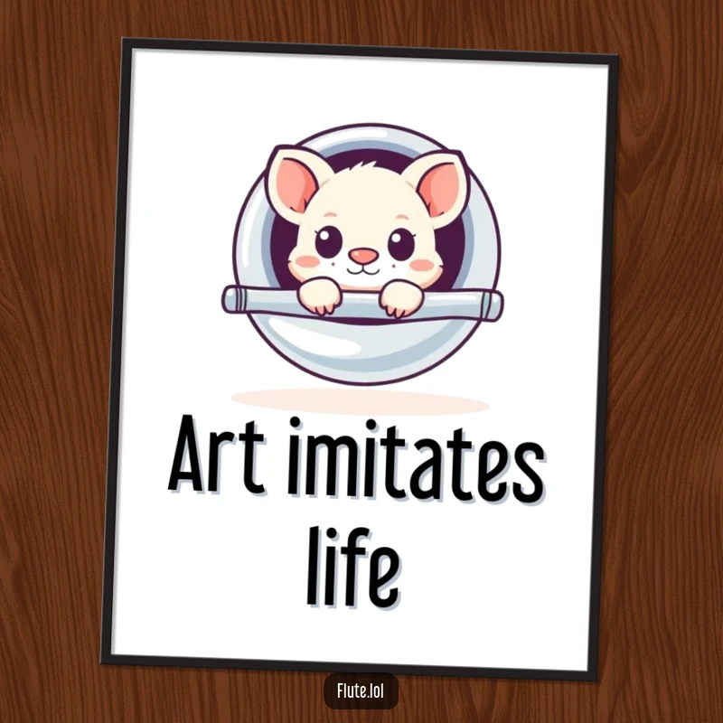 Funny digital art print of a small, adorable animal peeking out from a large, shiny flute, creating a humorous and eye-catching scene.