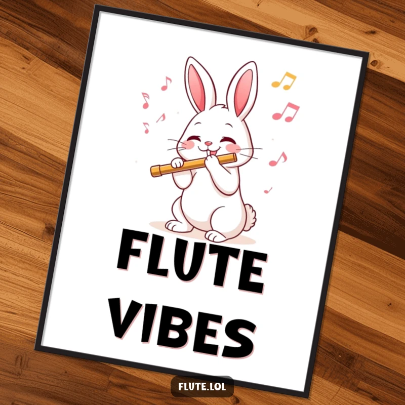 Funny digital art print of a joyful rabbit playing a flute, with musical notes floating around, perfect for wall decor.