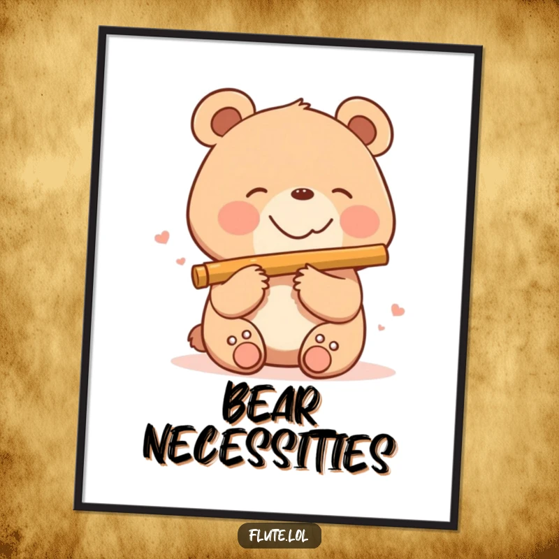 Funny, smiling bear playing a flute with a happy expression, a delightful musical scene for inspirational digital art prints.