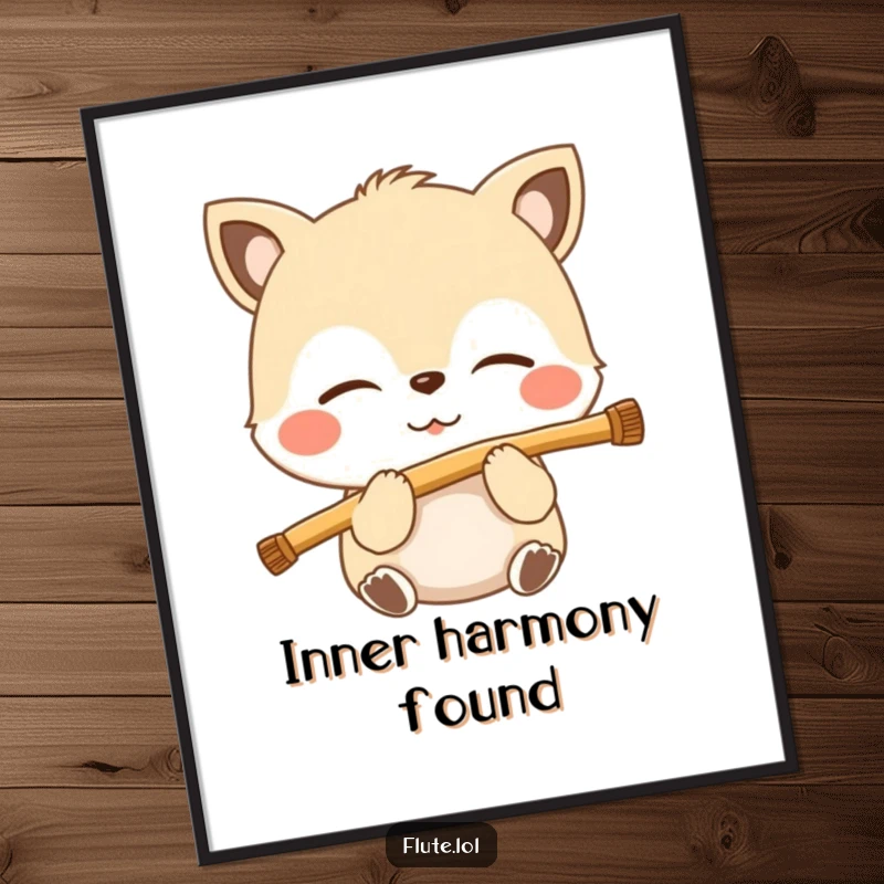 Funny digital art print of a serene animal with closed eyes, gently blowing into a flute, capturing a moment of deep musical bliss.