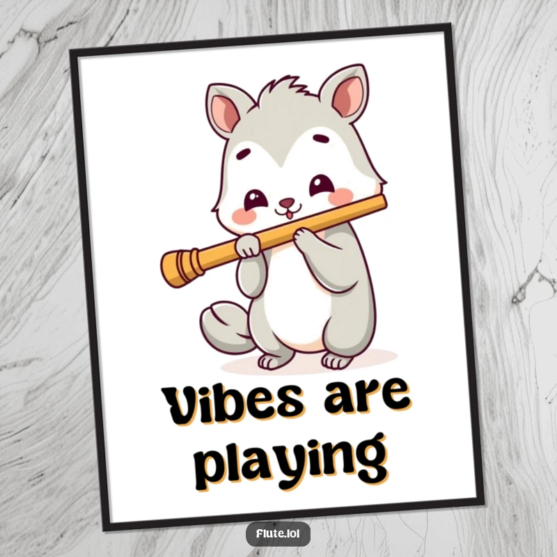 Funny digital art print of a joyful animal with a cheerful expression playing a long flute, radiating pure musical happiness.