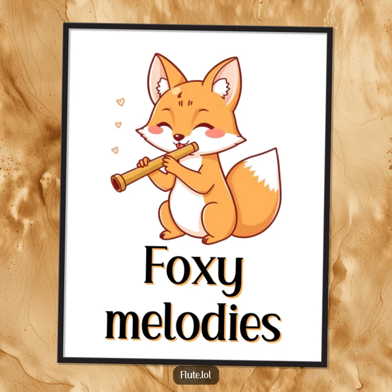 Funny, cheerful fox merrily playing a flute, a delightful musical scene for inspirational digital art prints.