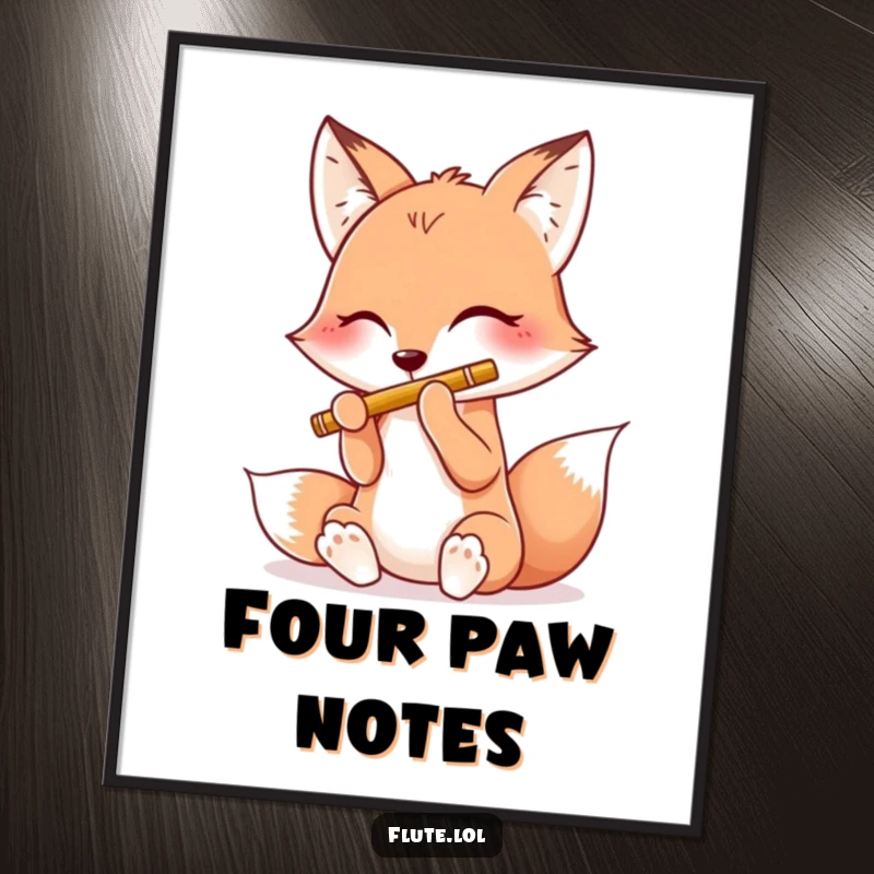Funny digital art print of a happy fox playing a flute using all four paws, perfect for joyful wall decor.
