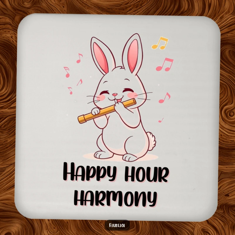 Funny drink coaster with a joyful rabbit playing a flute, surrounded by musical notes, adding charm to tabletops.