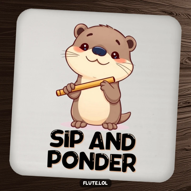 Funny drink coaster with a curious otter holding a flute, adding playful charm and intrigue to tabletops.