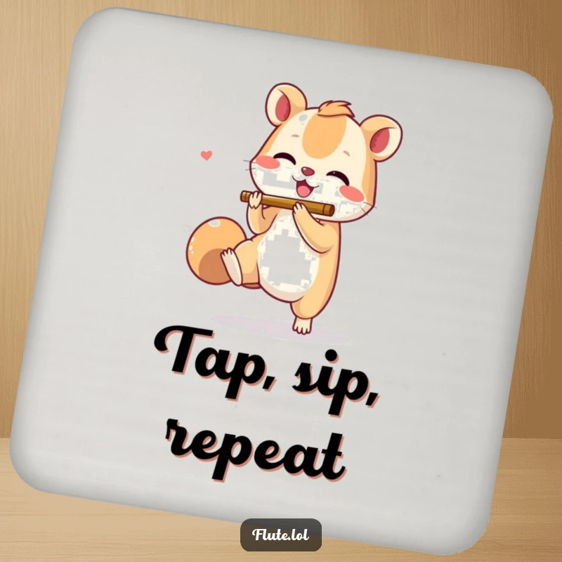 Funny drink coaster set with a small animal joyfully tapping its foot while miming flute playing, offering soft, rhythmic protection.