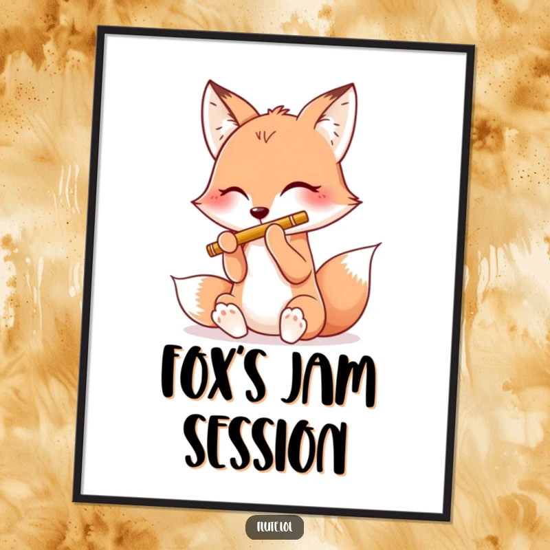 Funny poster art of a happy fox playing a flute using all four of its paws, creating a joyful scene.