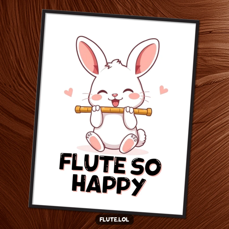 Funny, joyful rabbit playing a flute with bright, happy eyes, creating a whimsical musical scene on this poster.
