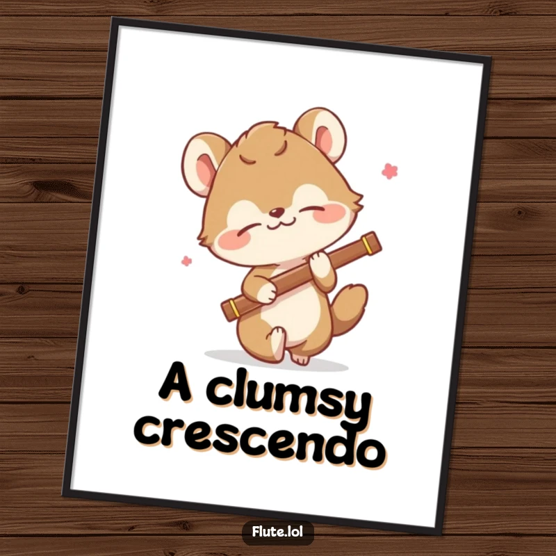 Funny poster showing a comically tripping animal losing its balance while holding a flute, creating a hilarious scene.