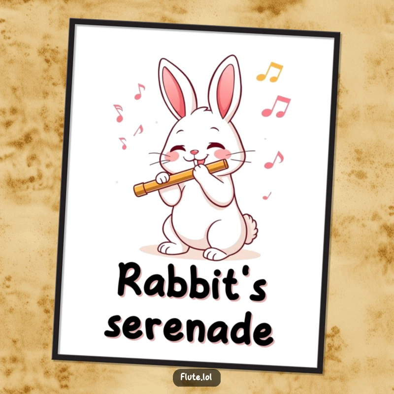 Funny poster art of a joyful rabbit playing a flute, with elegant musical notes floating around it.