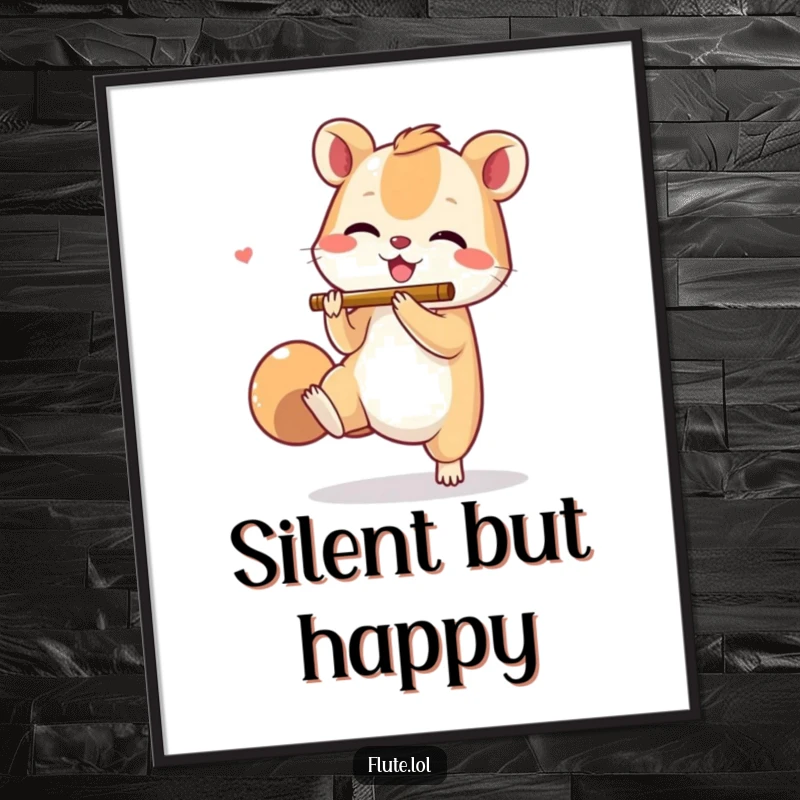 Funny poster showcasing a small animal joyfully tapping its foot while enthusiastically miming flute playing, full of life.