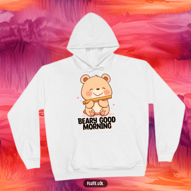Smiling bear happily playing a flute, radiating pure musical joy on this cozy funny hoodie.