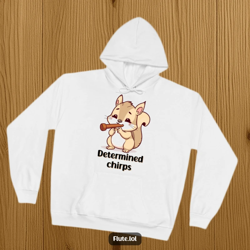 Funny hoodie depicting a determined squirrel blowing a tiny flute with intense focus, perfect for cozy concentration.