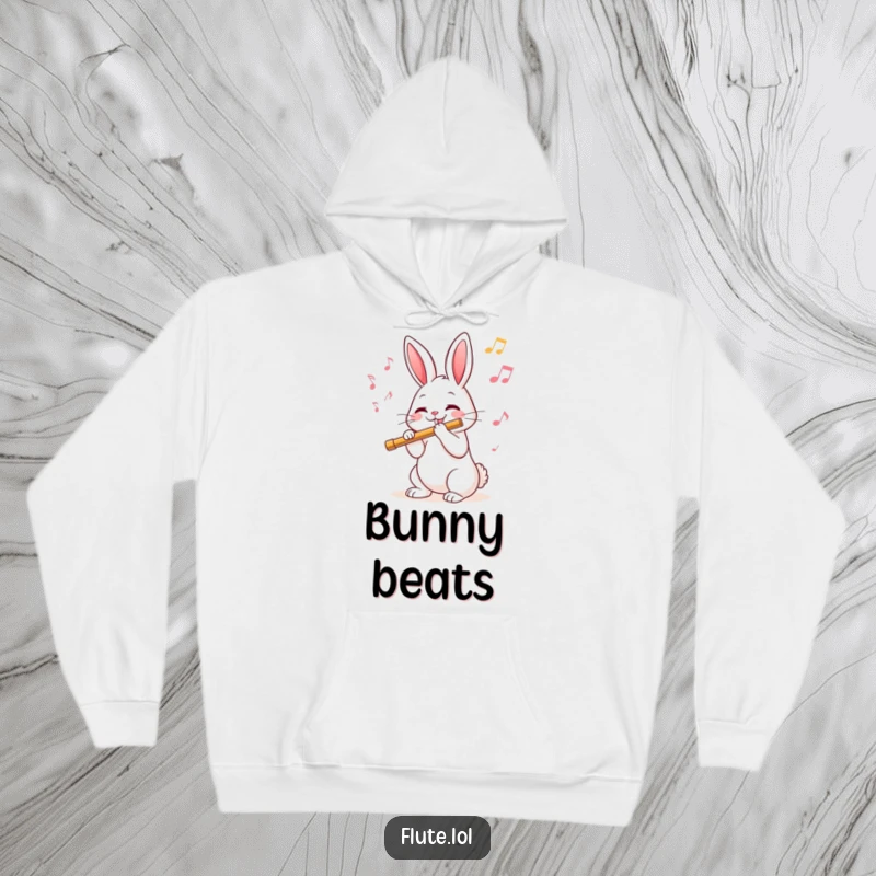 Funny hoodie featuring a happy rabbit playing a flute, surrounded by whimsical musical notes, ideal for music lovers.