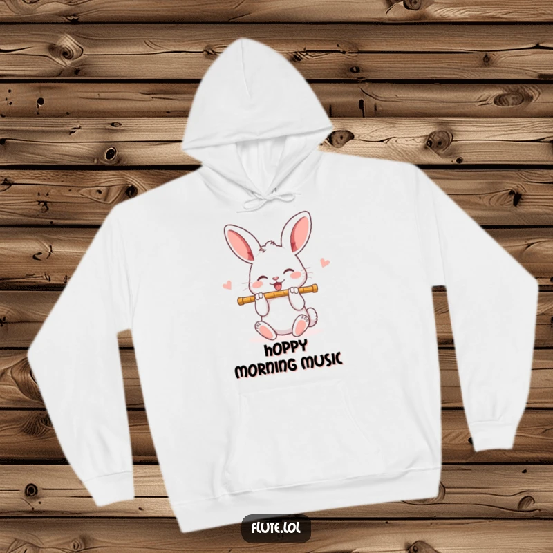 Joyful rabbit playing a flute with bright, happy eyes, exuding musical delight on this cozy funny hoodie.