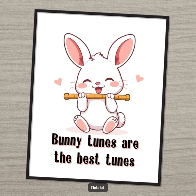 Funny free printable wall art of a joyful rabbit playing a flute, radiating happiness.