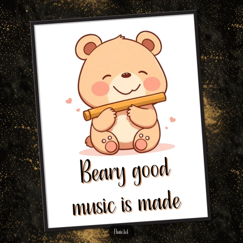 Funny free printable wall art of a smiling bear happily playing a flute with a joyful expression.