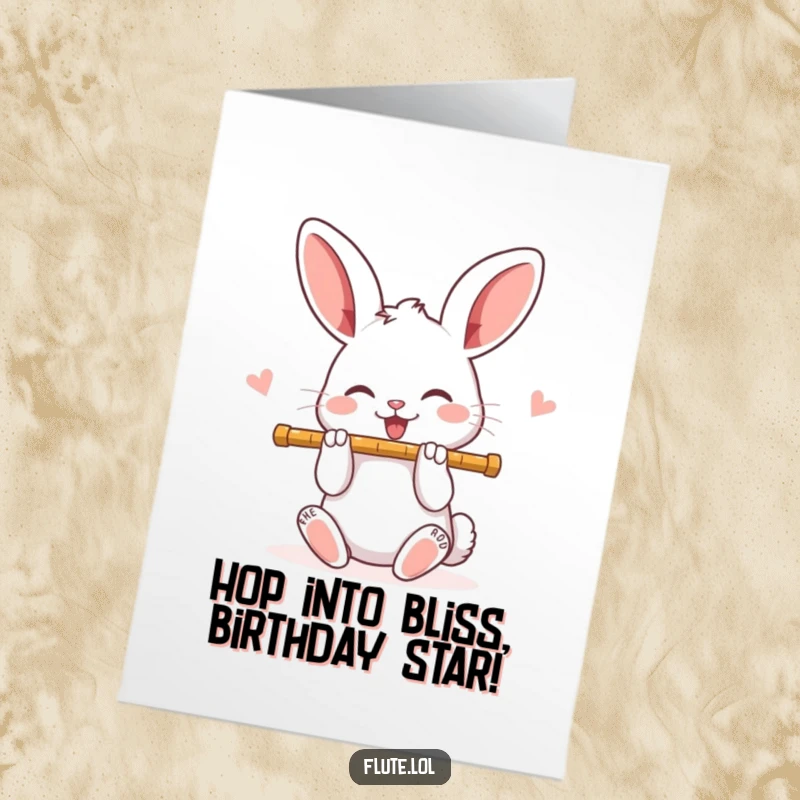Funny free printable birthday card featuring a joyful rabbit enthusiastically playing a flute with bright, happy eyes.