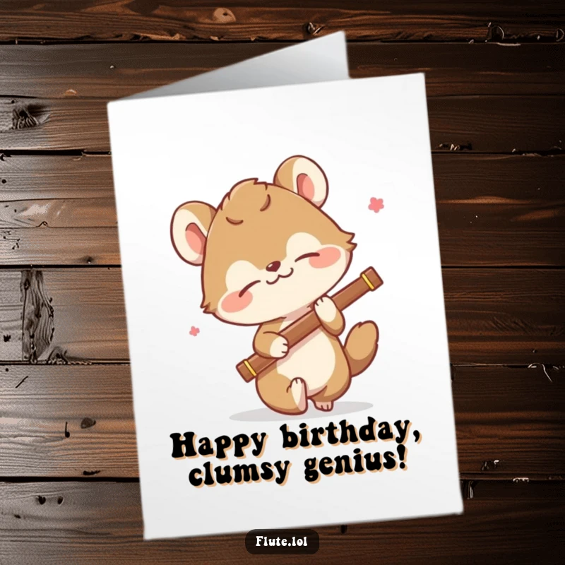 Funny Free Printable Birthday Card: Animal comically tripping and stumbling while holding a flute, for a laugh.