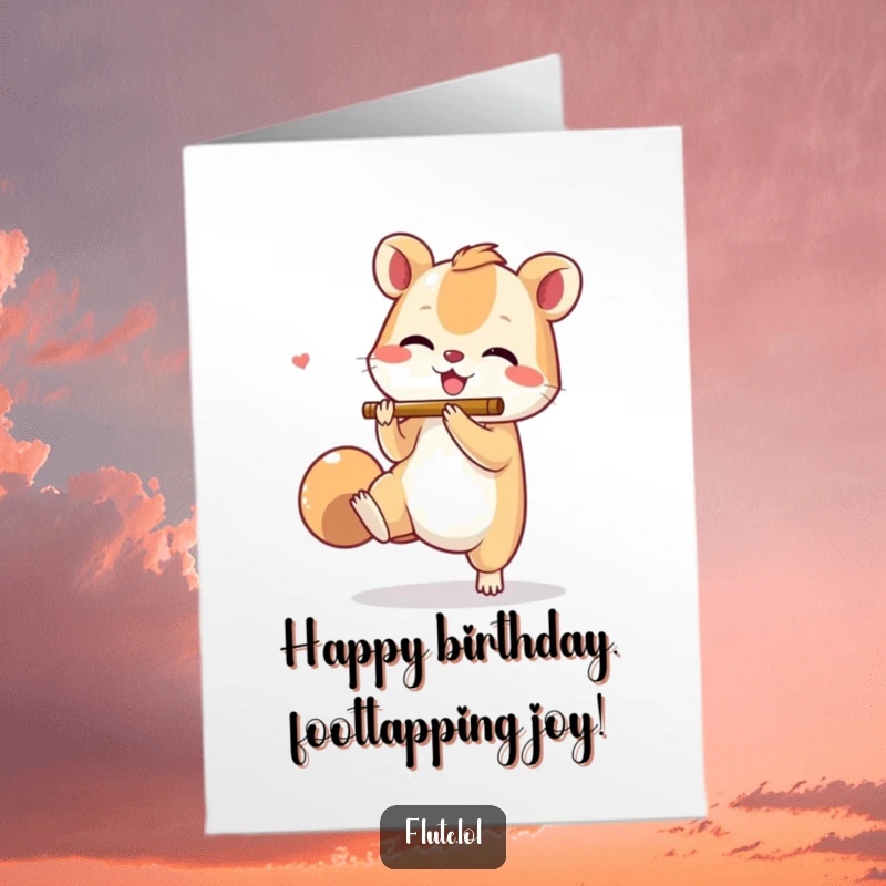 Funny Free Printable Birthday Card: Small animal joyfully tapping its foot while miming flute playing, full of life.